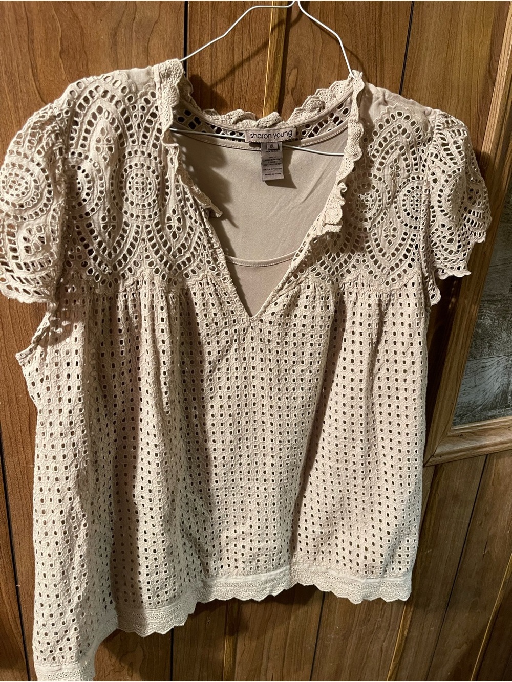 Sharon Young Beige Eyelet Lace V-Neck Short Sleeve Top